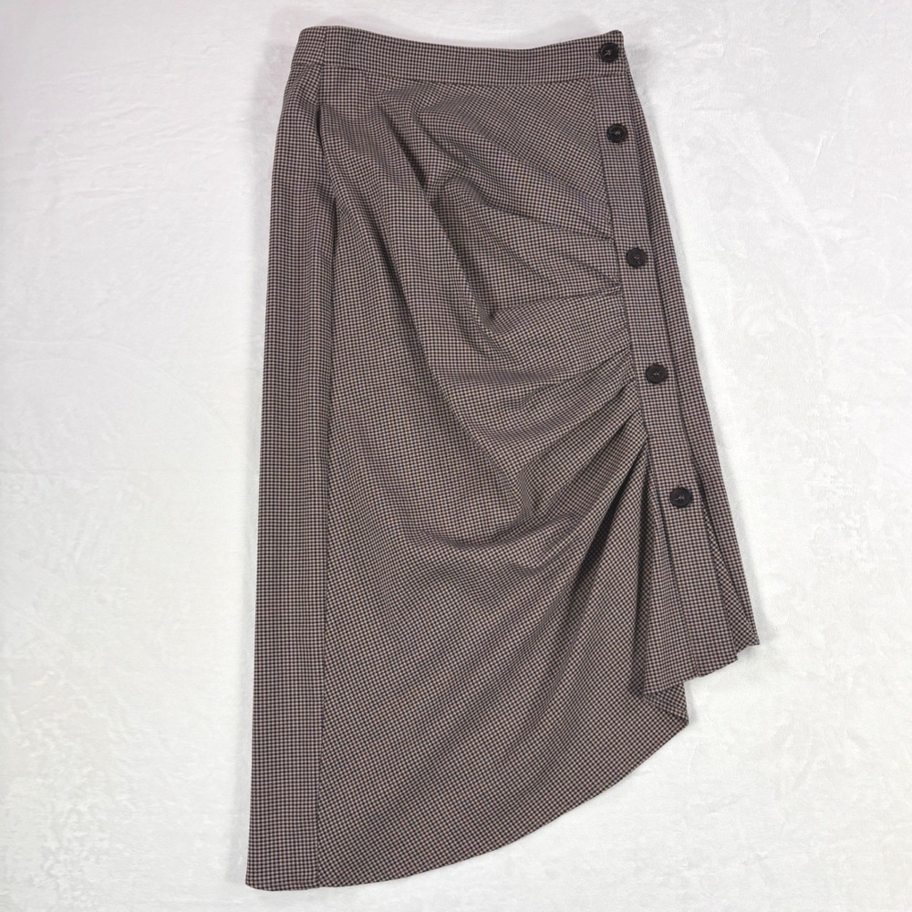 Chelsea 28 Nordstrom Tan Houndstooth Ruched Asymmetric Midi Skirt Sz Small NEW